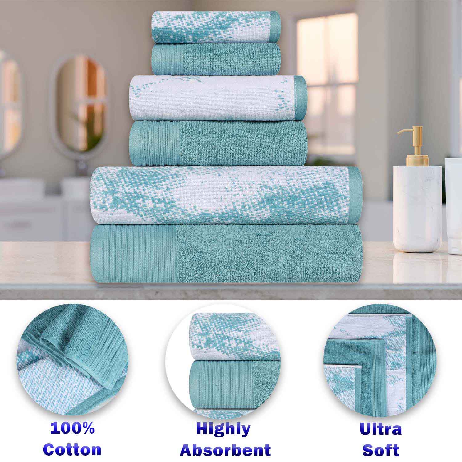 Cotton Marble and Solid Quick Dry 8 Piece Assorted Bathroom Towel Set - Cyan