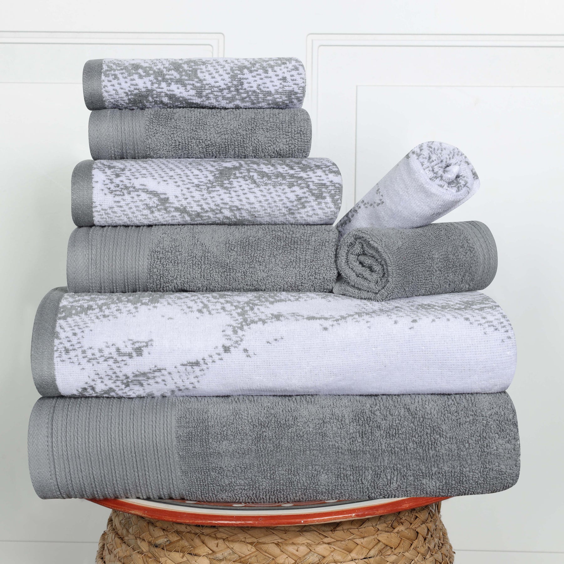 Cotton Marble and Solid Quick Dry 8 Piece Assorted Bathroom Towel Set - Gray