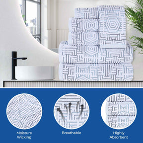 Cotton Modern Geometric Jacquard Plush Absorbent 3-Piece Towel Set - Blue