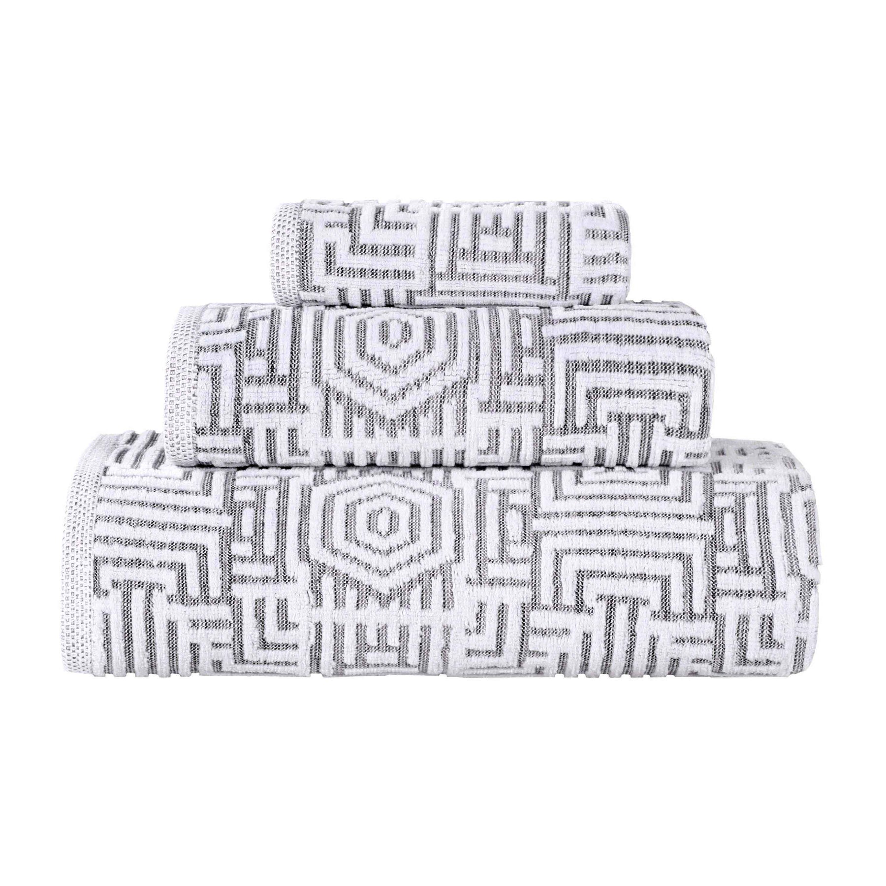Cotton Modern Geometric Jacquard Plush Absorbent 3-Piece Towel Set - Charcoal