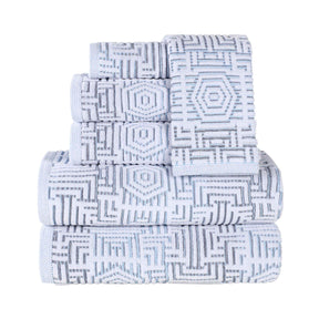 Cotton Modern Geometric Jacquard Plush Absorbent 6 Piece Towel Set - Blue
