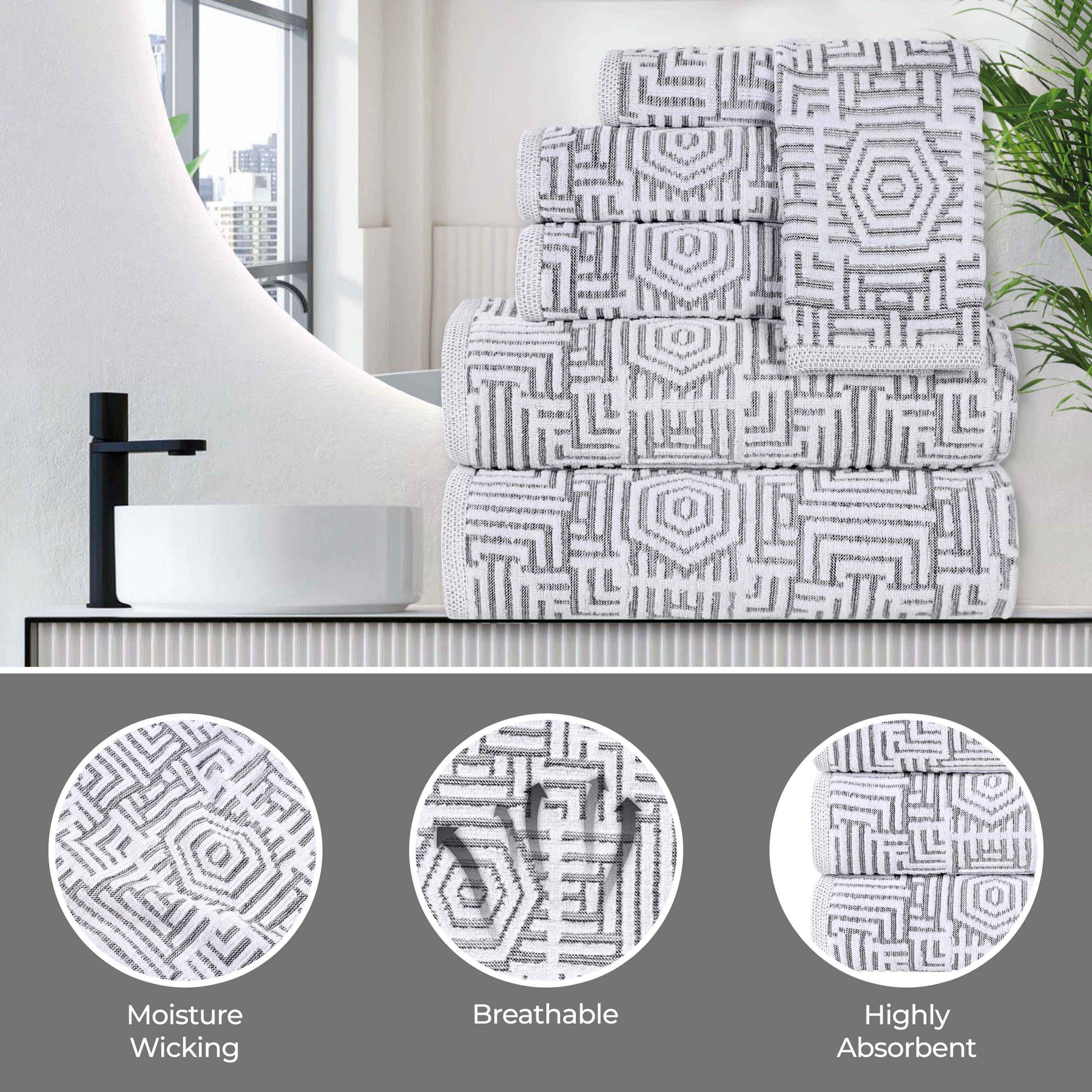 Cotton Modern Geometric Jacquard Plush Absorbent 6 Piece Towel Set - Charcoal