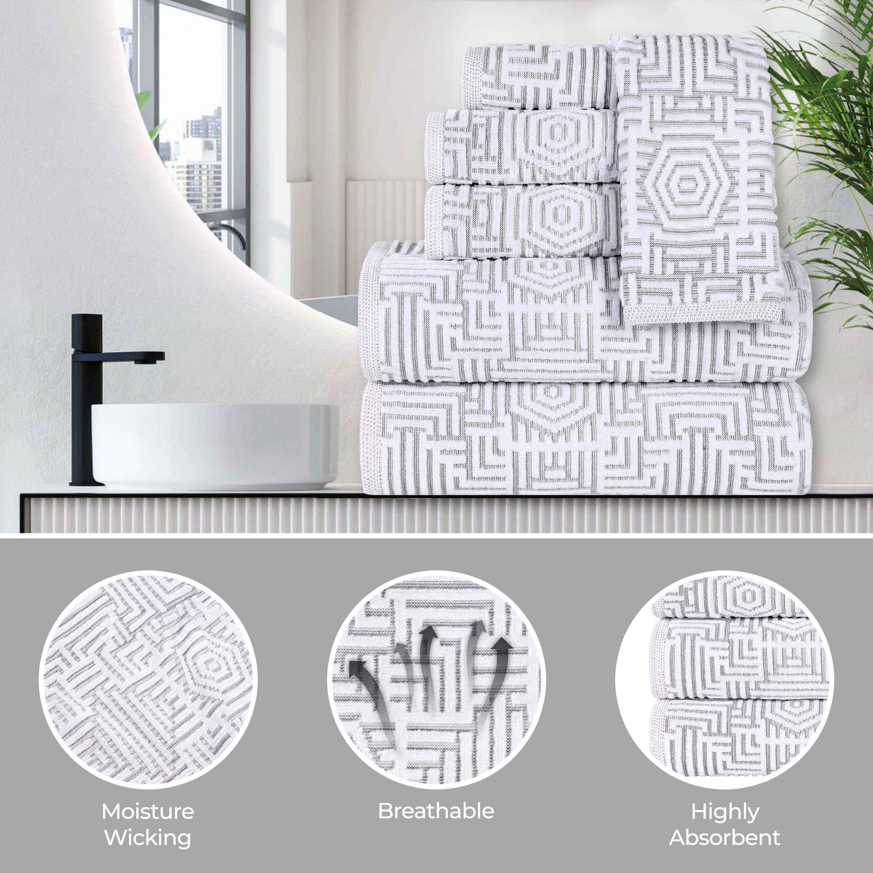 Cotton Modern Geometric Jacquard Plush Absorbent 6 Piece Towel Set - Platinum
