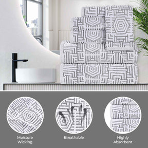 Cotton Modern Geometric Jacquard Plush Absorbent 8 Piece Towel Set - Charcoal