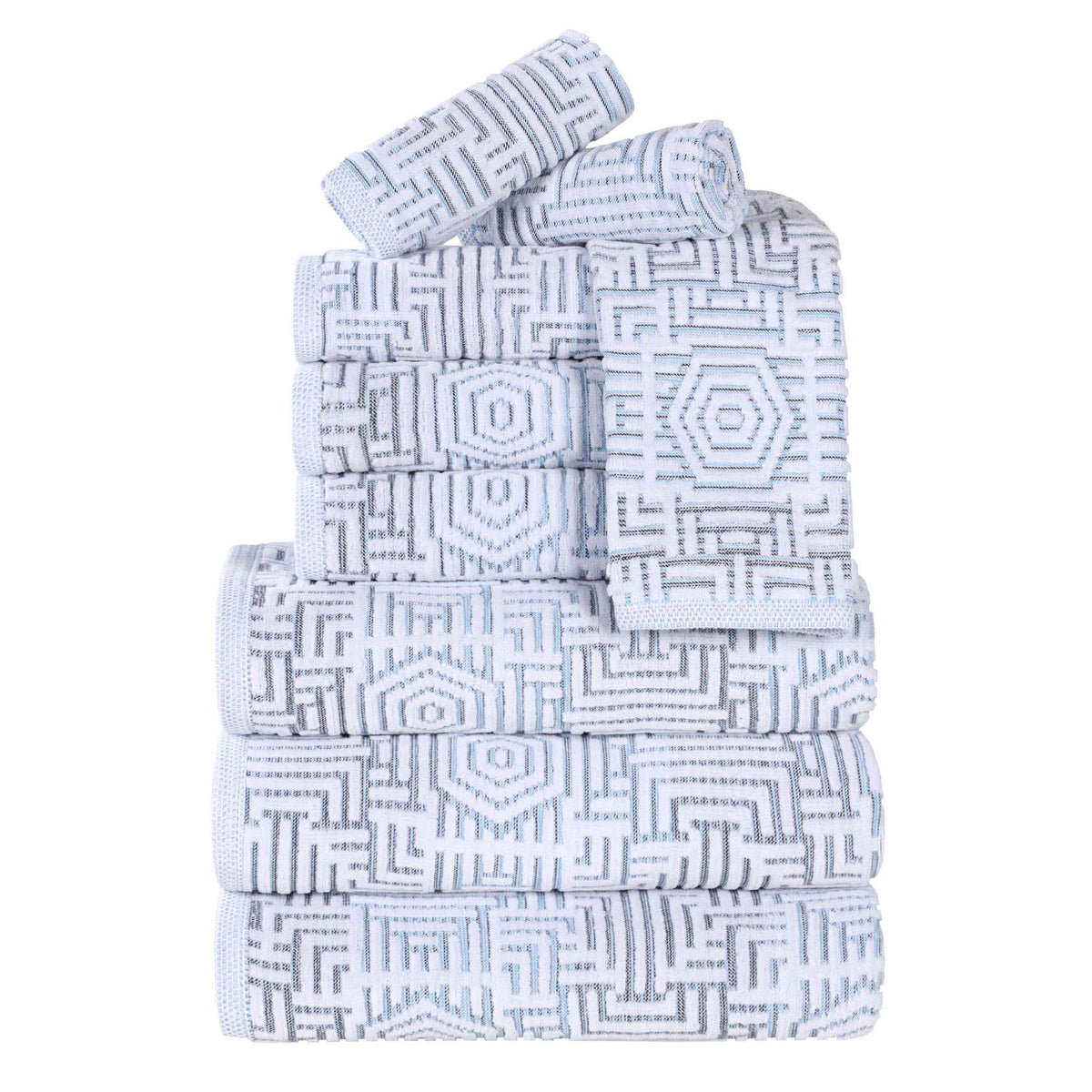 Cotton Modern Geometric Jacquard Plush Absorbent 9 Piece Towel Set - Blue