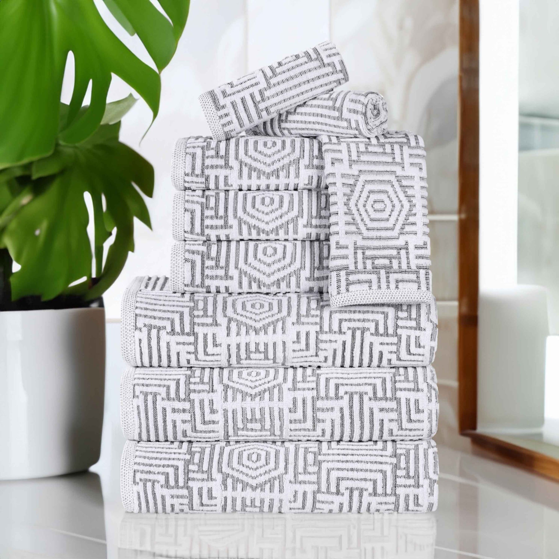 Cotton Modern Geometric Jacquard Plush Absorbent 9 Piece Towel Set
