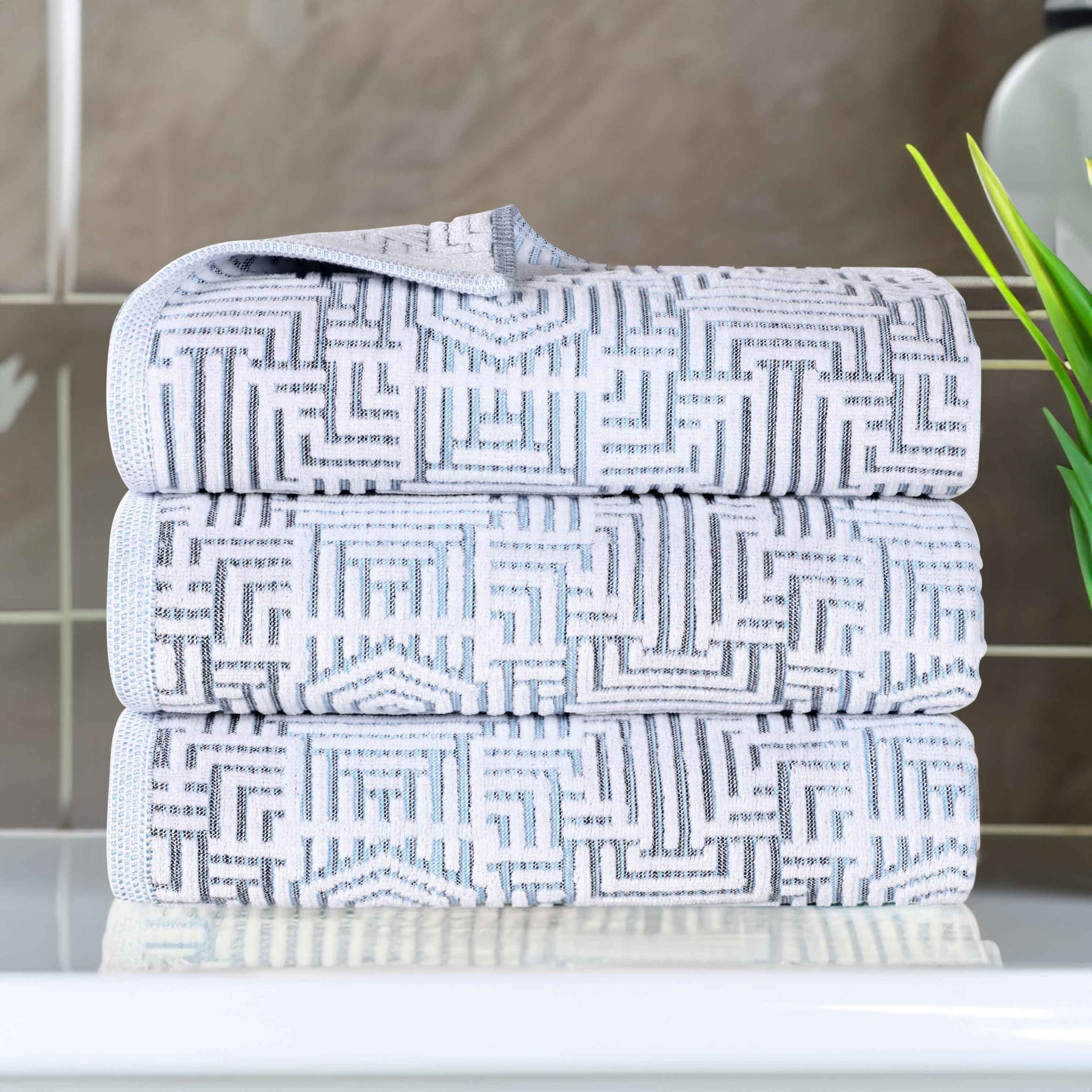 Cotton Modern Geometric Jacquard Plush Absorbent Bath Towel Set of 3 - Blue