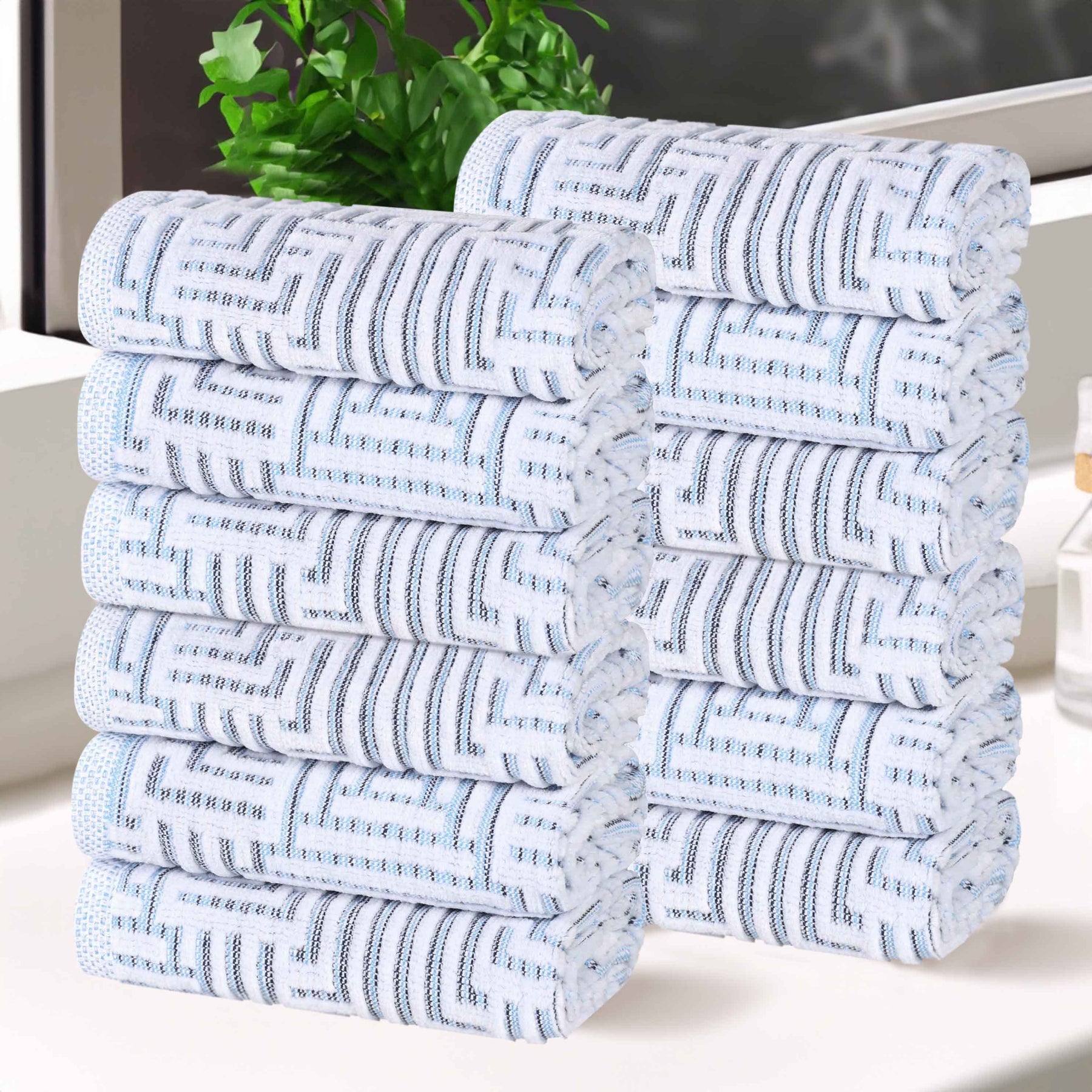 Cotton Modern Geometric Jacquard Plush Face Towel Washcloth Set of 12 - Blue