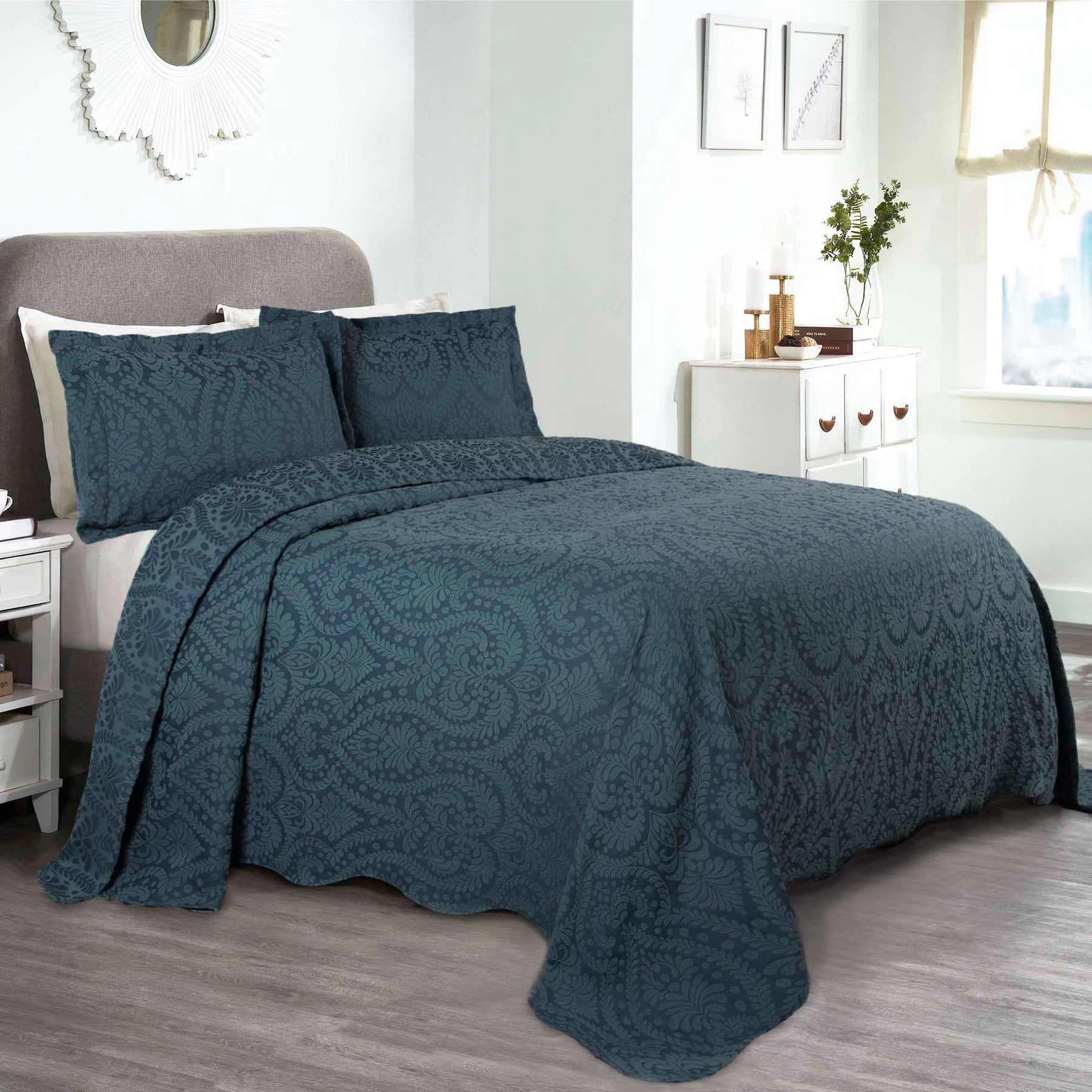 Aspen Cotton Blend Jacquard Floral Scalloped Edge Bedspread Set - DeepSea