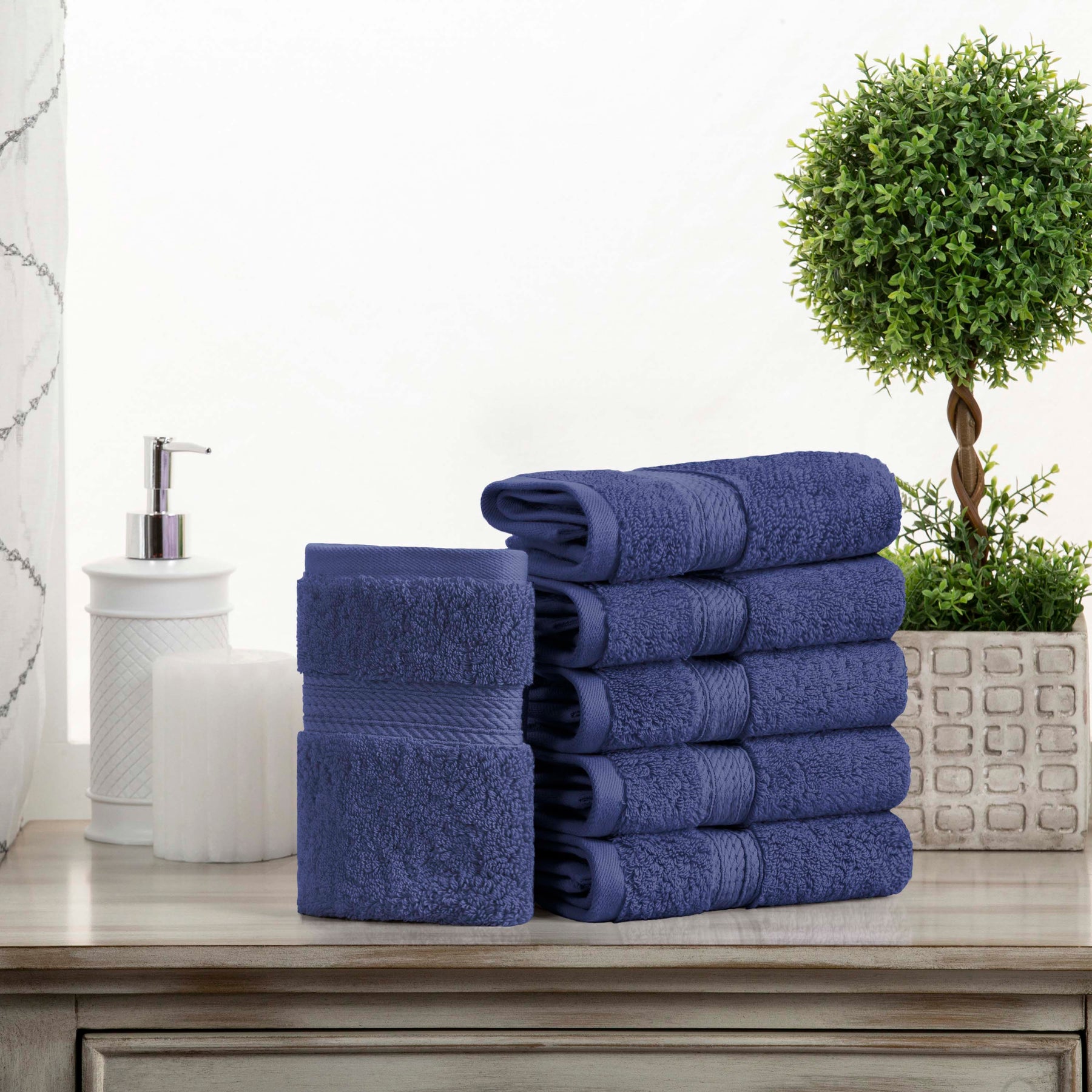 Egyptian Cotton Heavyweight 6 Piece Face Towel Washcloth Set - Navy Blue