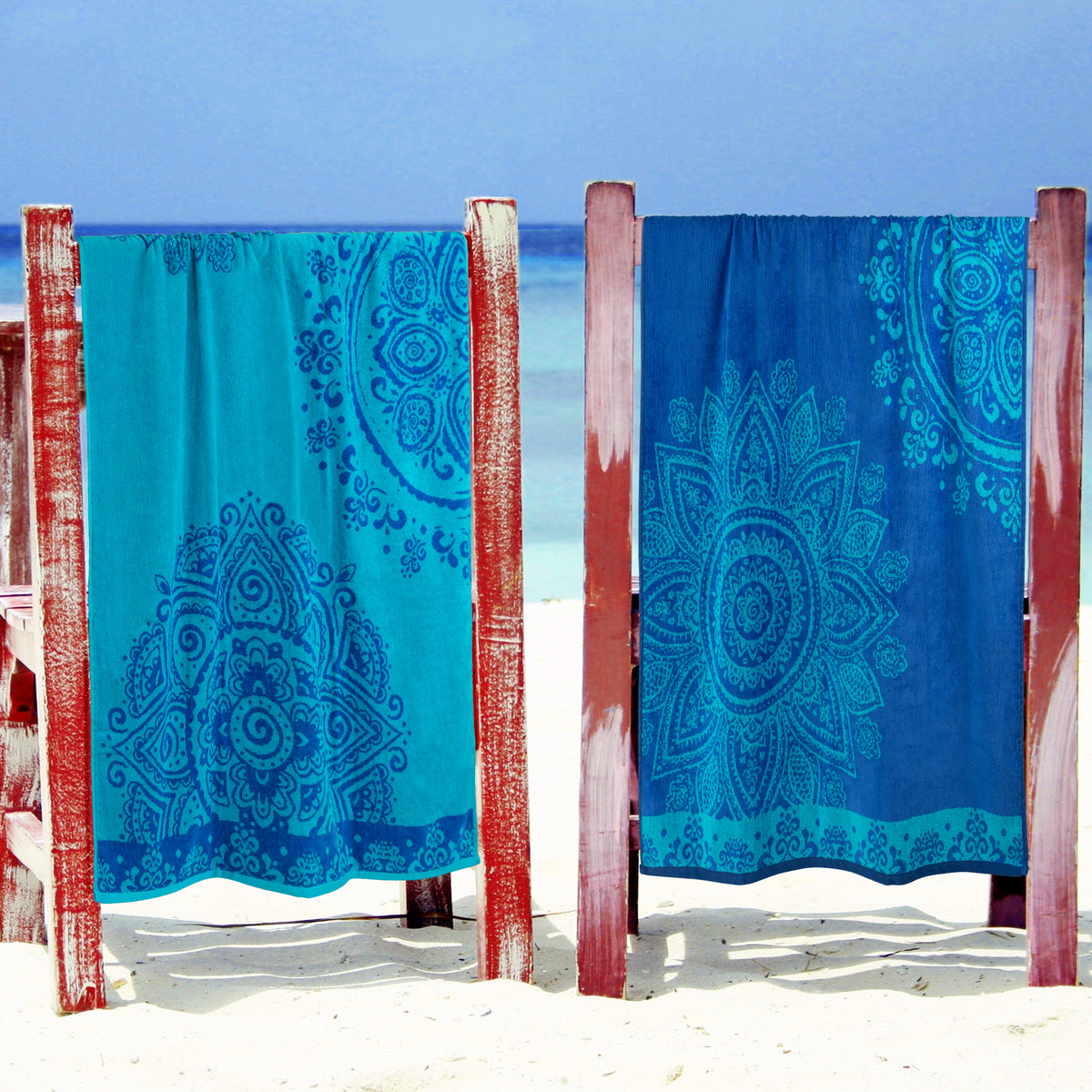 Superior Floral Mandala Cotton Oversized Beach Towel Set - Blue