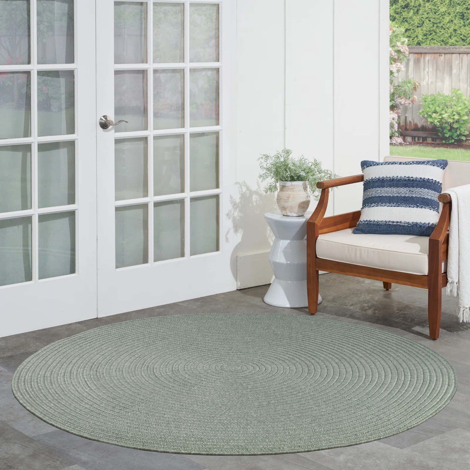 Bohemian Braided Indoor Outdoor Rugs Solid Round Area Rug - FogGreen