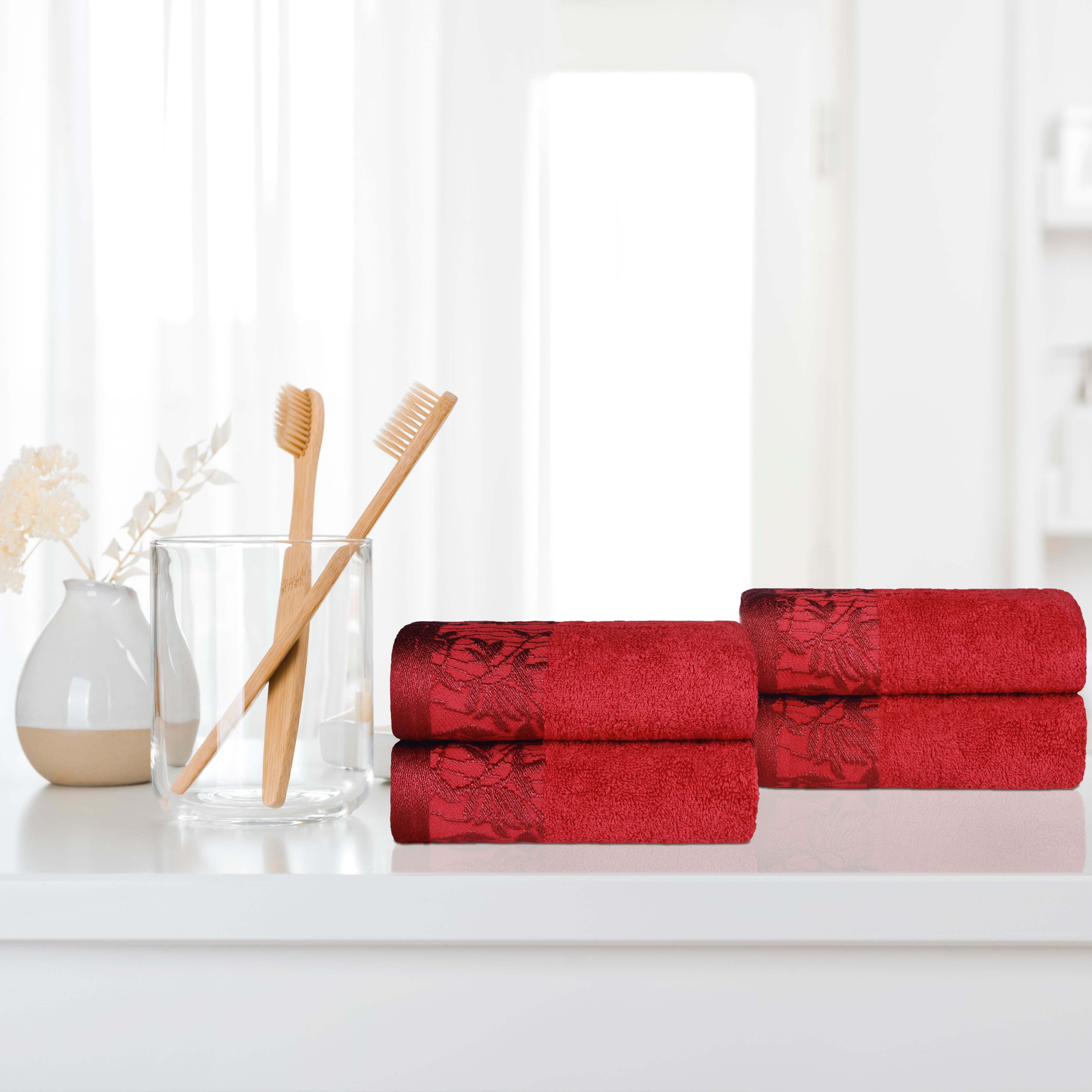 Wisteria Cotton Floral Jacquard Border Hand Towels, Set of 4 - Hand Towel Set by Superior Brand
