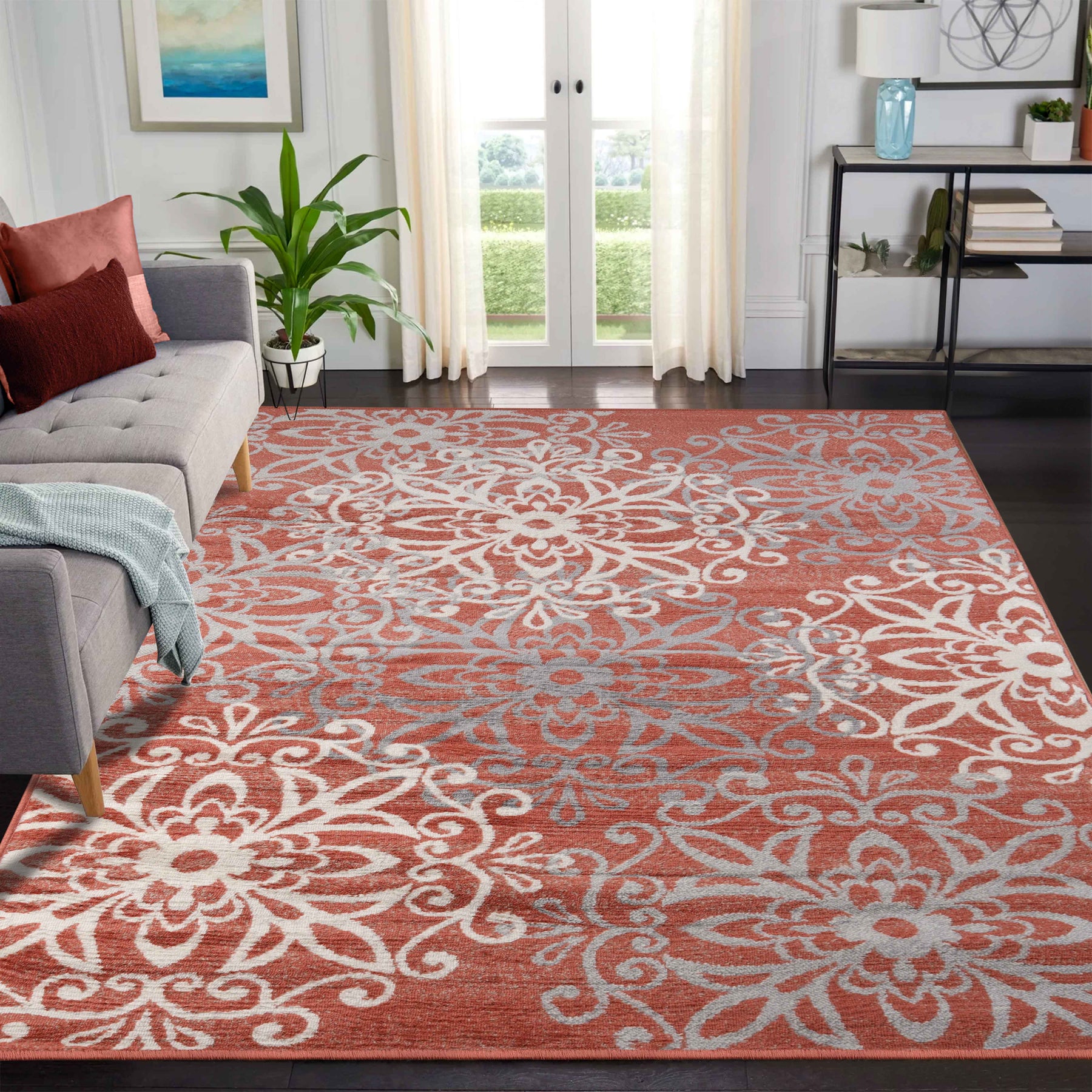 Leigh Traditional Floral Scroll Indoor Area Rug or Runner Rug Or Door Mat - Ginger
