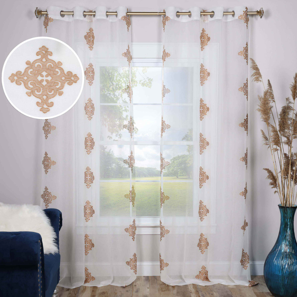 Sheer Traditional Embroidered Damask Grommet Curtain Panel Set - Gold