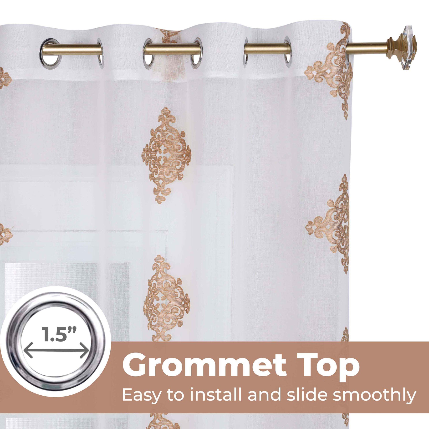 Sheer Traditional Embroidered Damask Grommet Curtain Panel Set - Gold