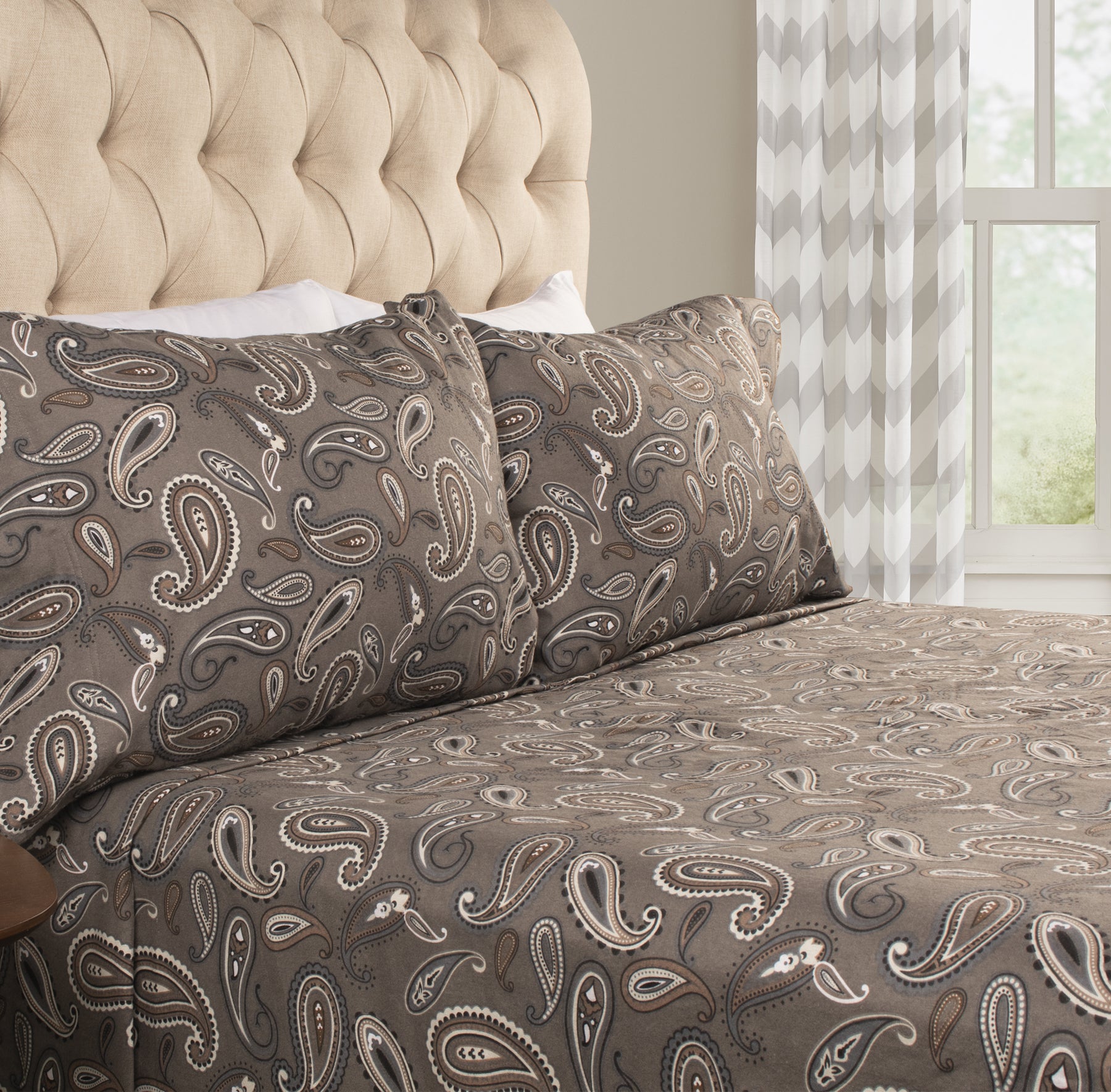 Superior Cotton Flannel Paisley Luxury Bed Sheet Set - Grey