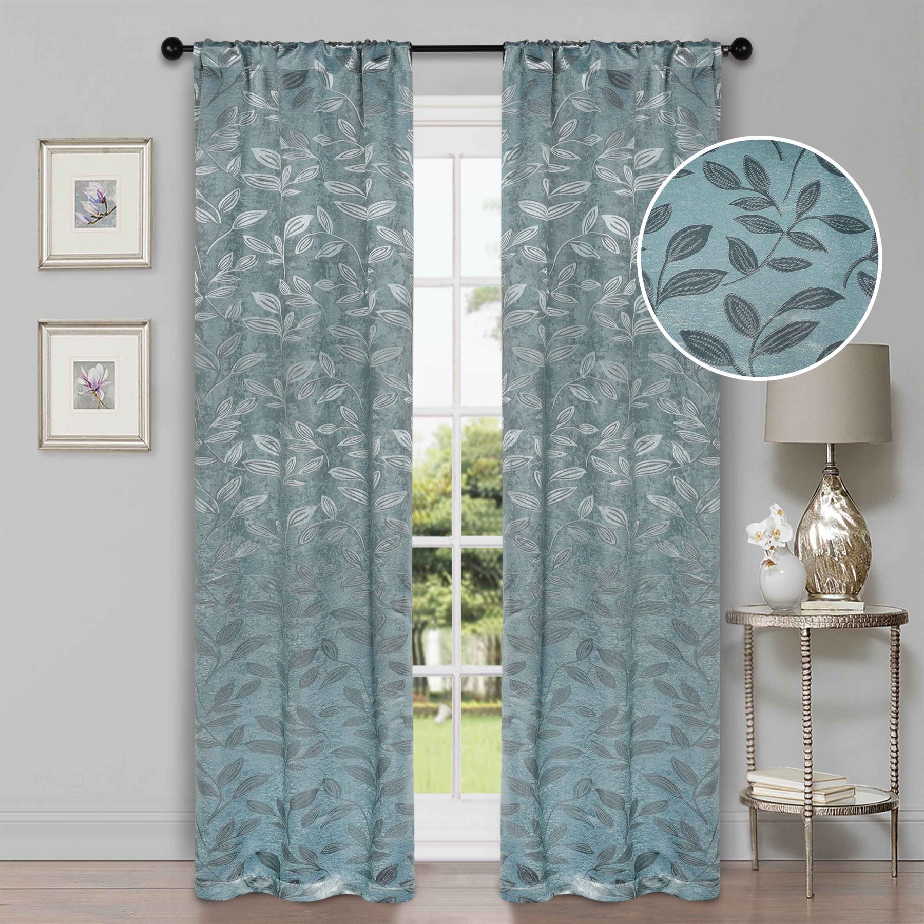 Leaves Machine Washable Room Darkening Blackout Curtains, Set of 2 - GreenLily