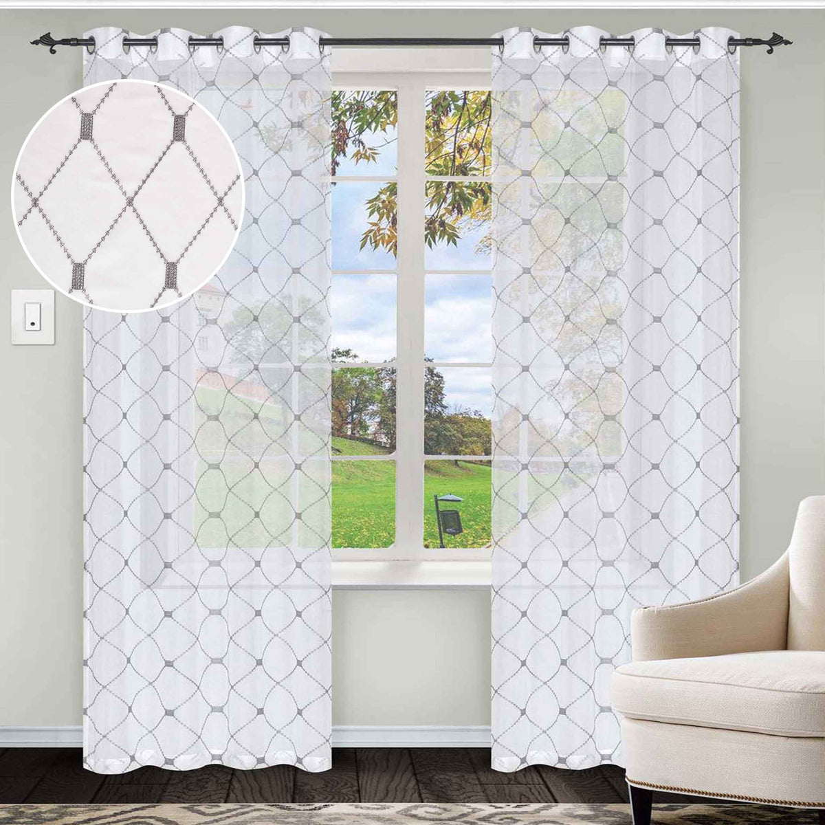 Sheer Modern Diamond Lattice Grommet Curtain Panels Set of 2