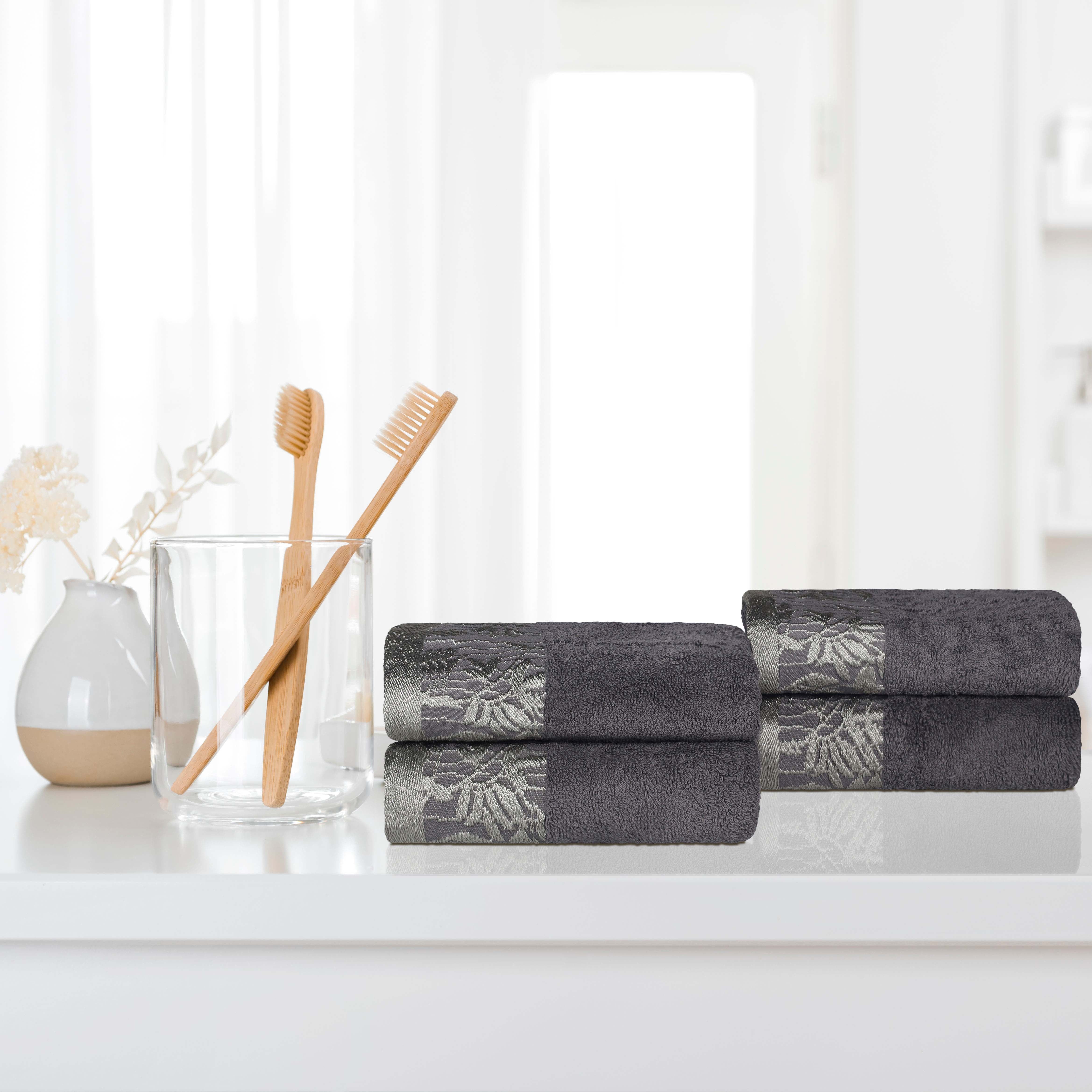 Wisteria Cotton Floral Jacquard Border Hand Towels, Set of 4 - Hand Towel Set by Superior Brand