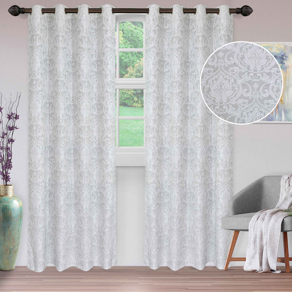 Jacquard Light Filtering Floral Damask Grommet Curtain Panels Set of 2 - Gray