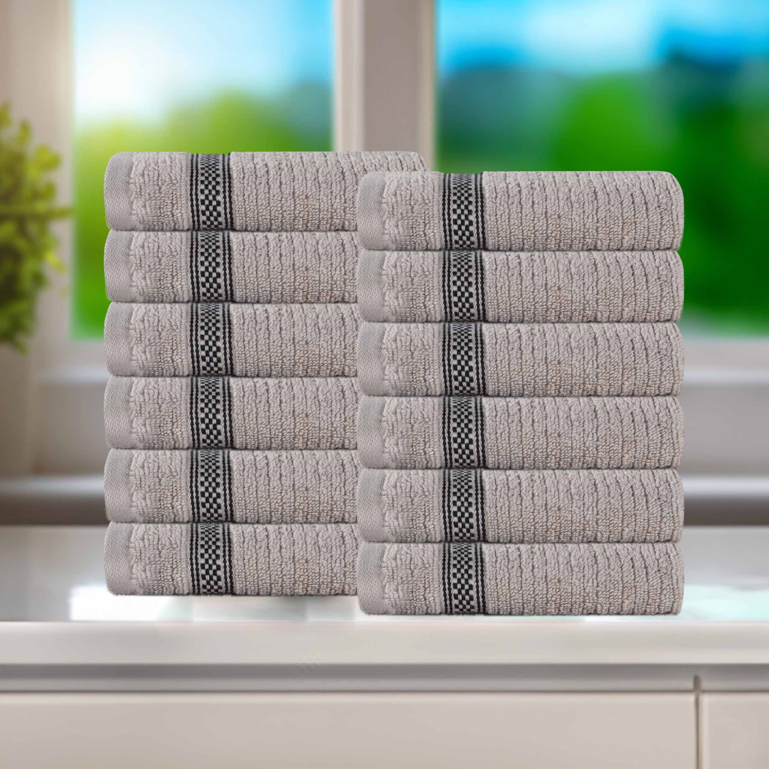 Brea Zero Twist Cotton Ribbed Geometric Border Face Towel Set of 12 - Face Towel by Superior Brand