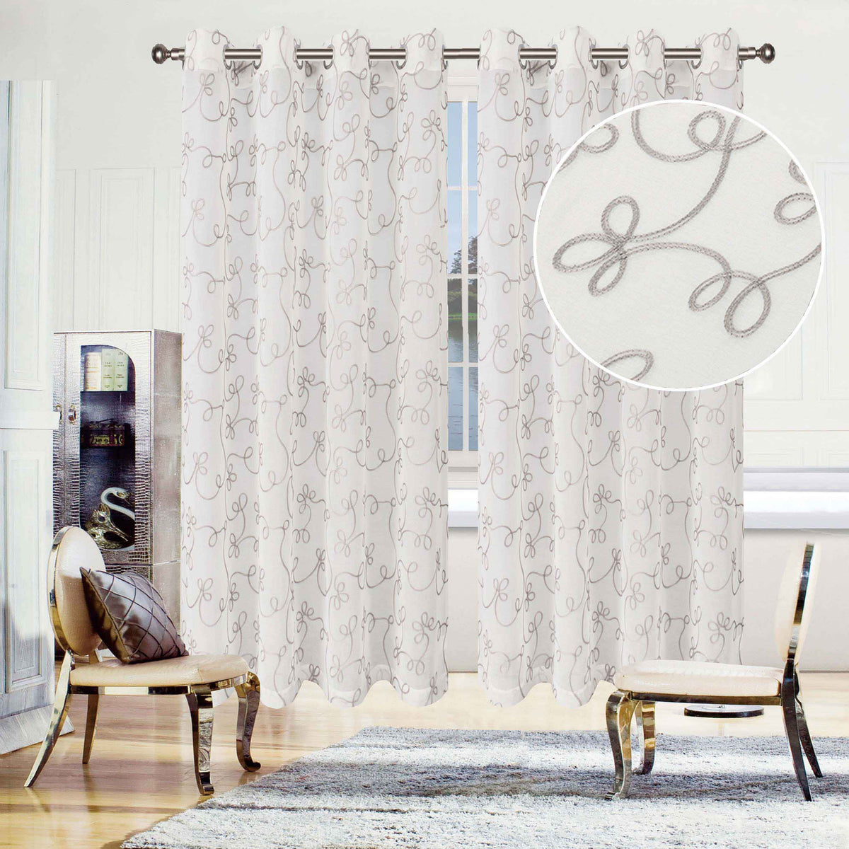 Sheer Traditional Embroidered Scroll Grommet Curtain Panel Set of 2 - Gray