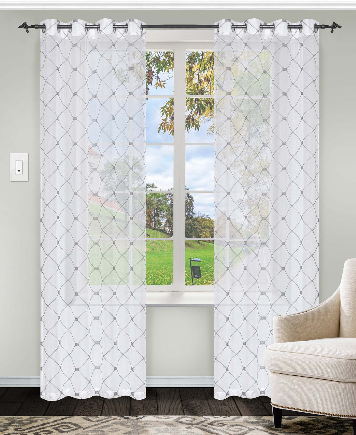 Sheer Modern Diamond Lattice Grommet Curtain Panels Set of 2 - Gray