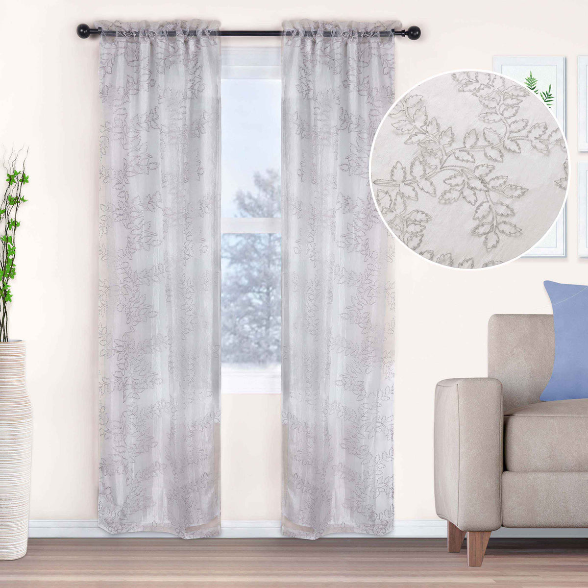 Embroidered Leaves Grommet 2 Piece Layered Sheer Curtain Panel Set - Gray