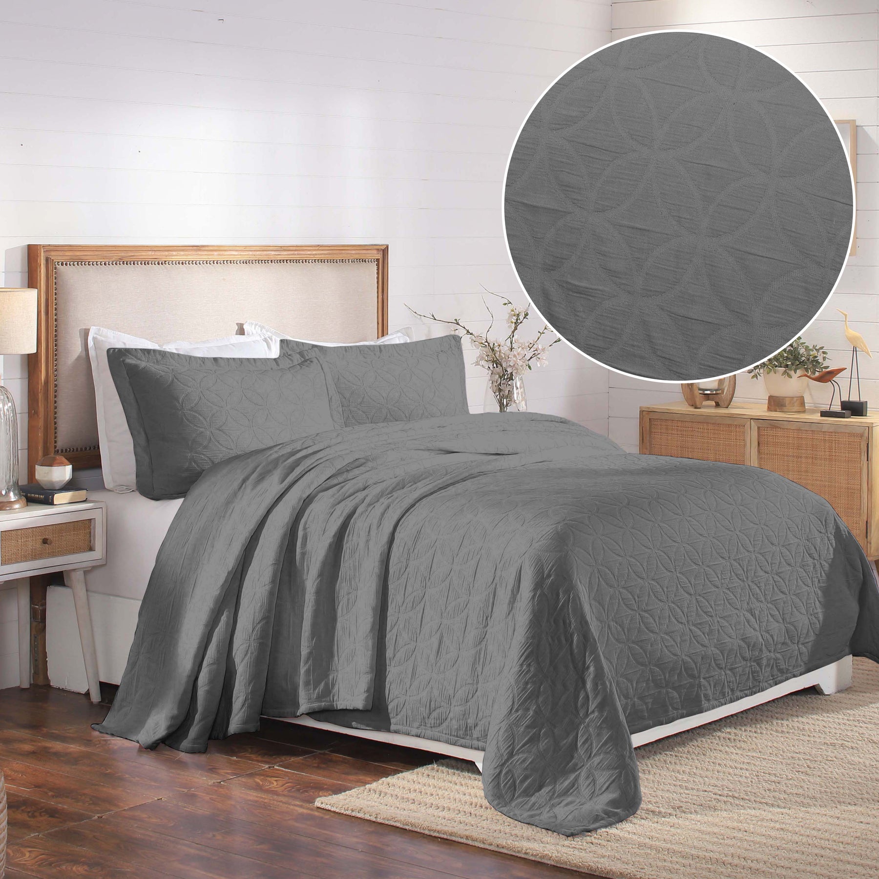Serenity Cotton Matelasse Weave Jacquard Celtic Circle Bedspread Set - Grey