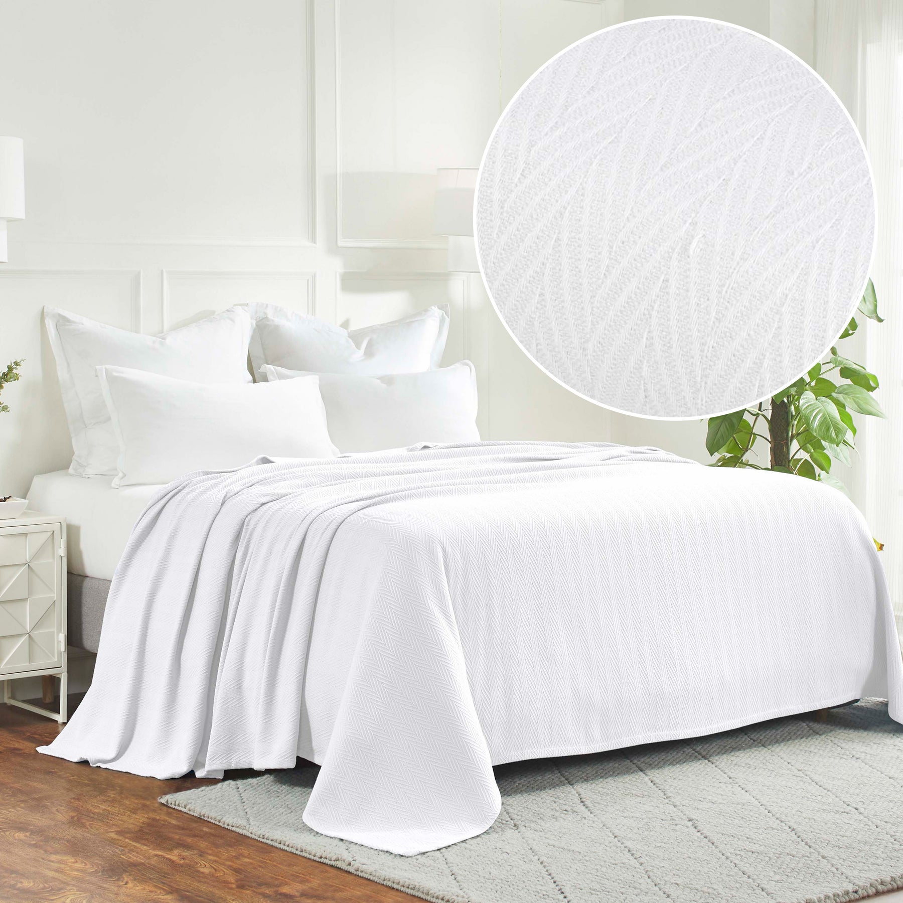 Herringbone All-Season Woven Cotton Blanket - White