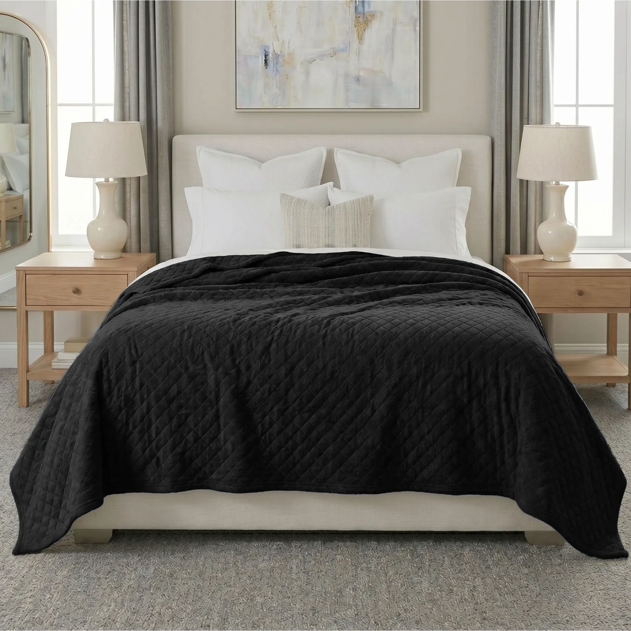 Holly Grid Fluffy Fleece Blanket - Modern Soft Embossed Bed Throw
