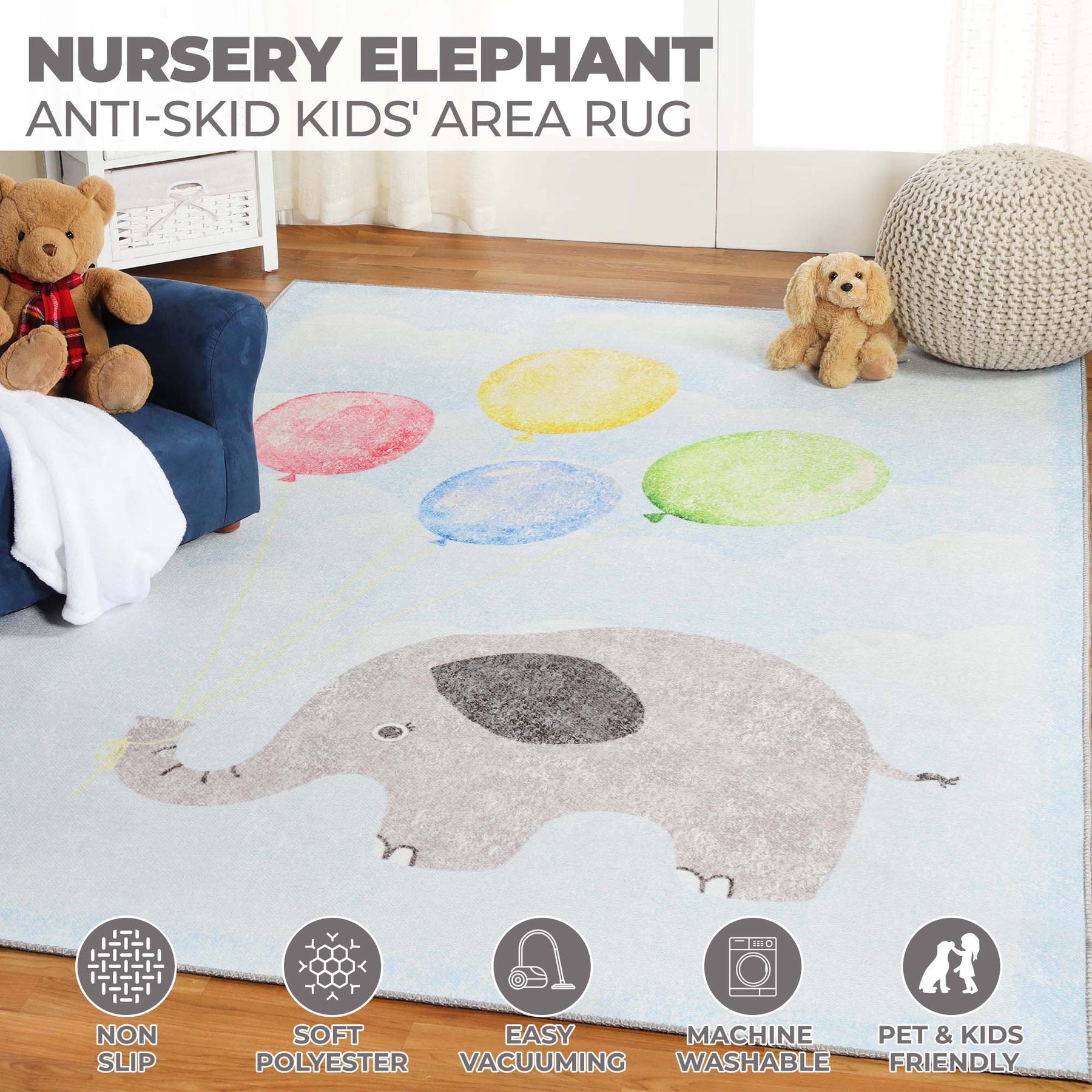 Superior Nursery Elephant Flatweave Indoor Area Rug - Baby Blue