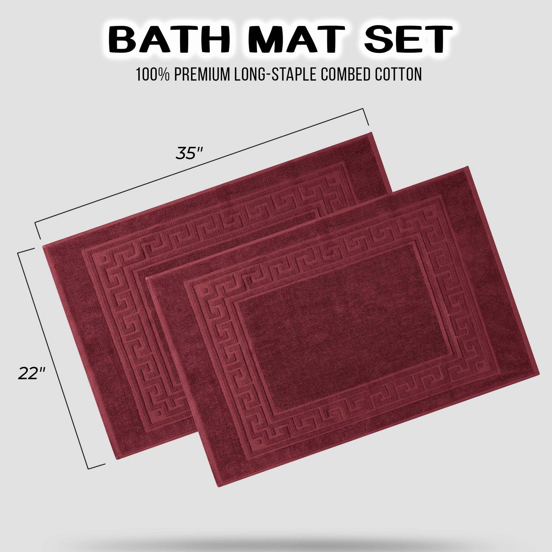 100% Cotton Highly-Absorbent Greek Key Border Solid 2-Piece Bath Mat Set - Burgundy