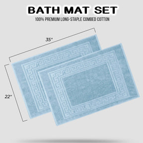 100% Cotton Highly-Absorbent Greek Key Border Solid 2-Piece Bath Mat Set - LightBlue