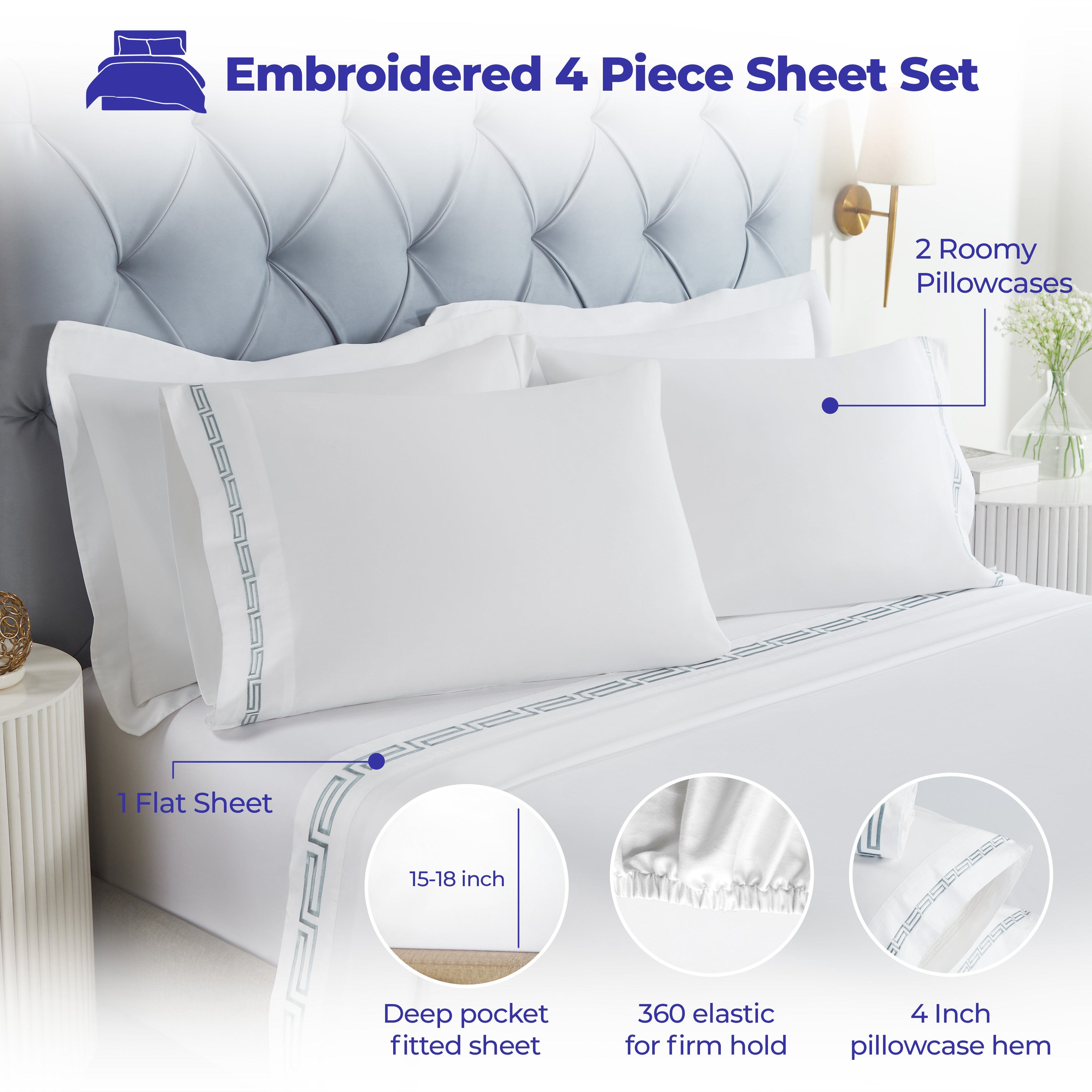 Harrison Cotton Greek Key Embroidered Deep Pocket Bed Sheet Set - Sheet Set by Superior