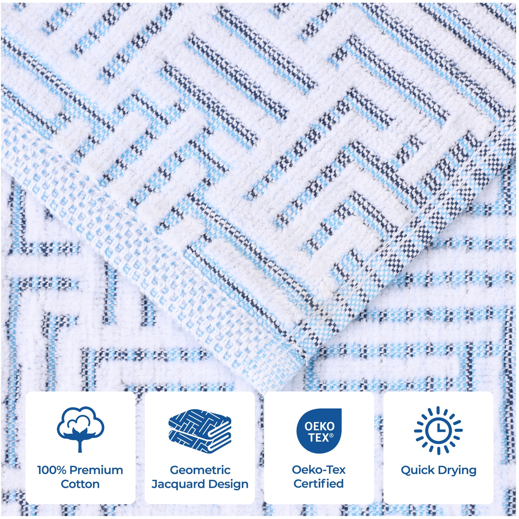 Cotton Modern Geometric Jacquard Plush Face Towel Washcloth Set of 12 - Blue