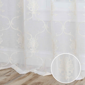 Embroidered Scroll Grommet 2-Piece Sheer Curtain Panel Set - Ivory