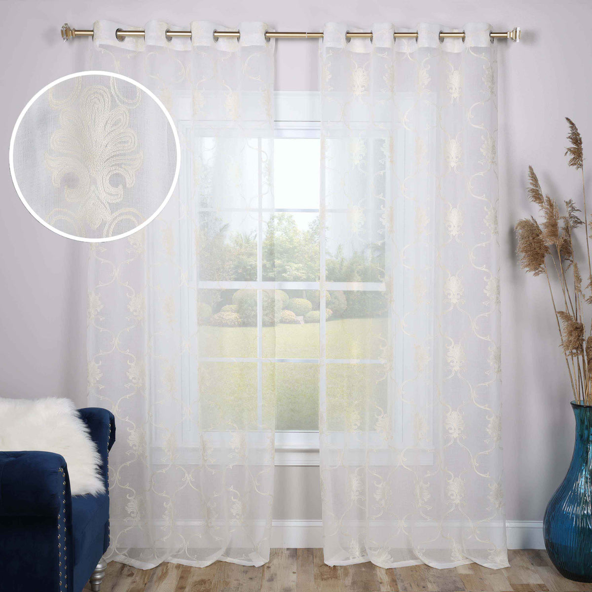 Embroidered Scroll Grommet 2-Piece Sheer Curtain Panel Set