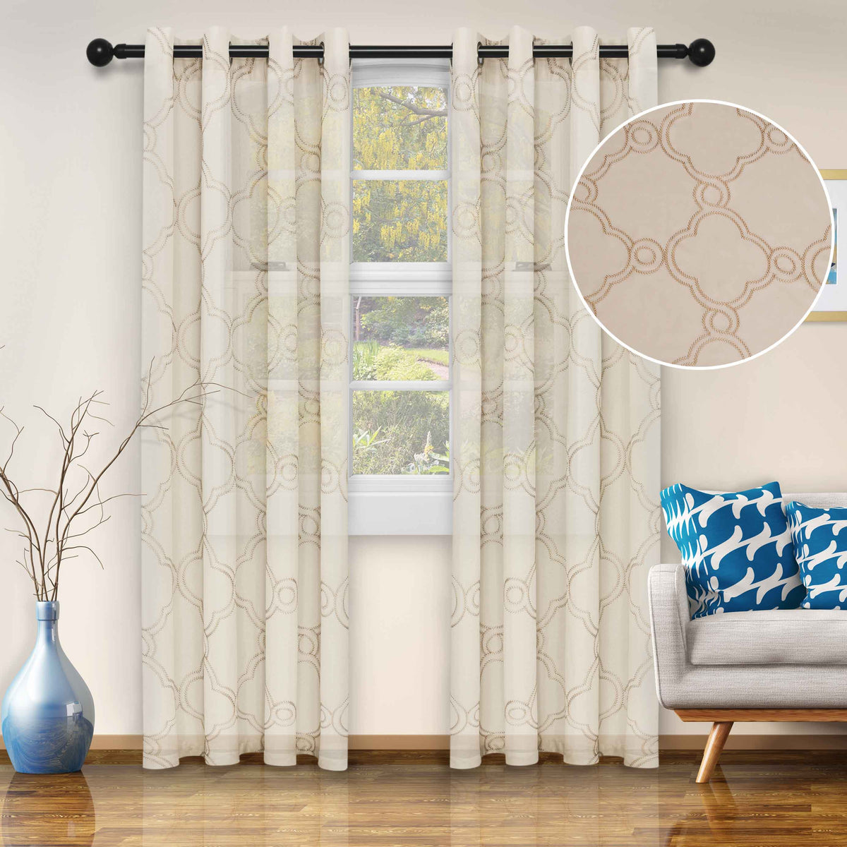 Embroidered Moroccan Sheer Grommet Curtain Panel Set - Ivory