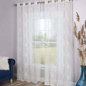 Embroidered Scroll Grommet 2-Piece Sheer Curtain Panel Set - Ivory