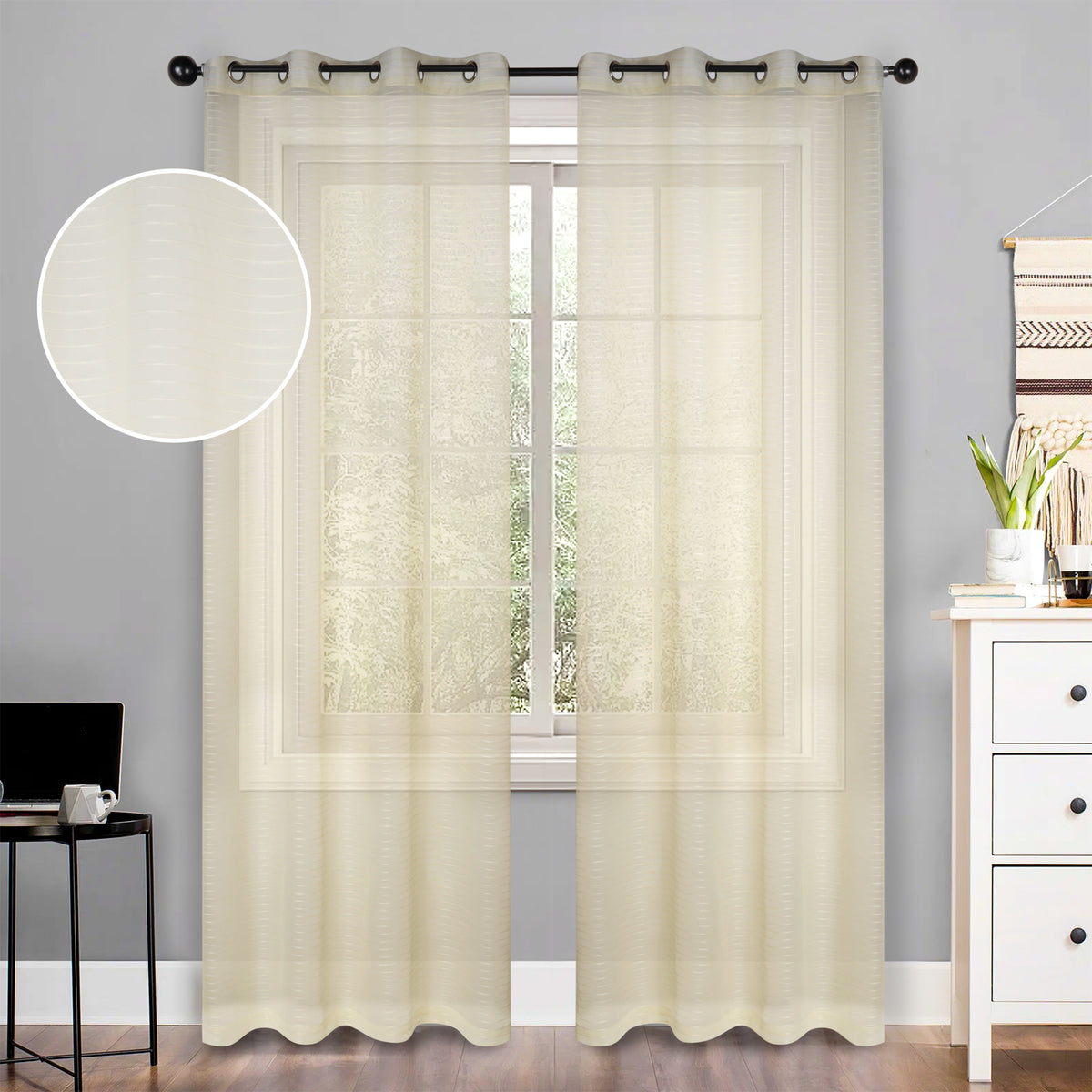 Jackson Striped Sheer Window Curtain Panels - Ivory