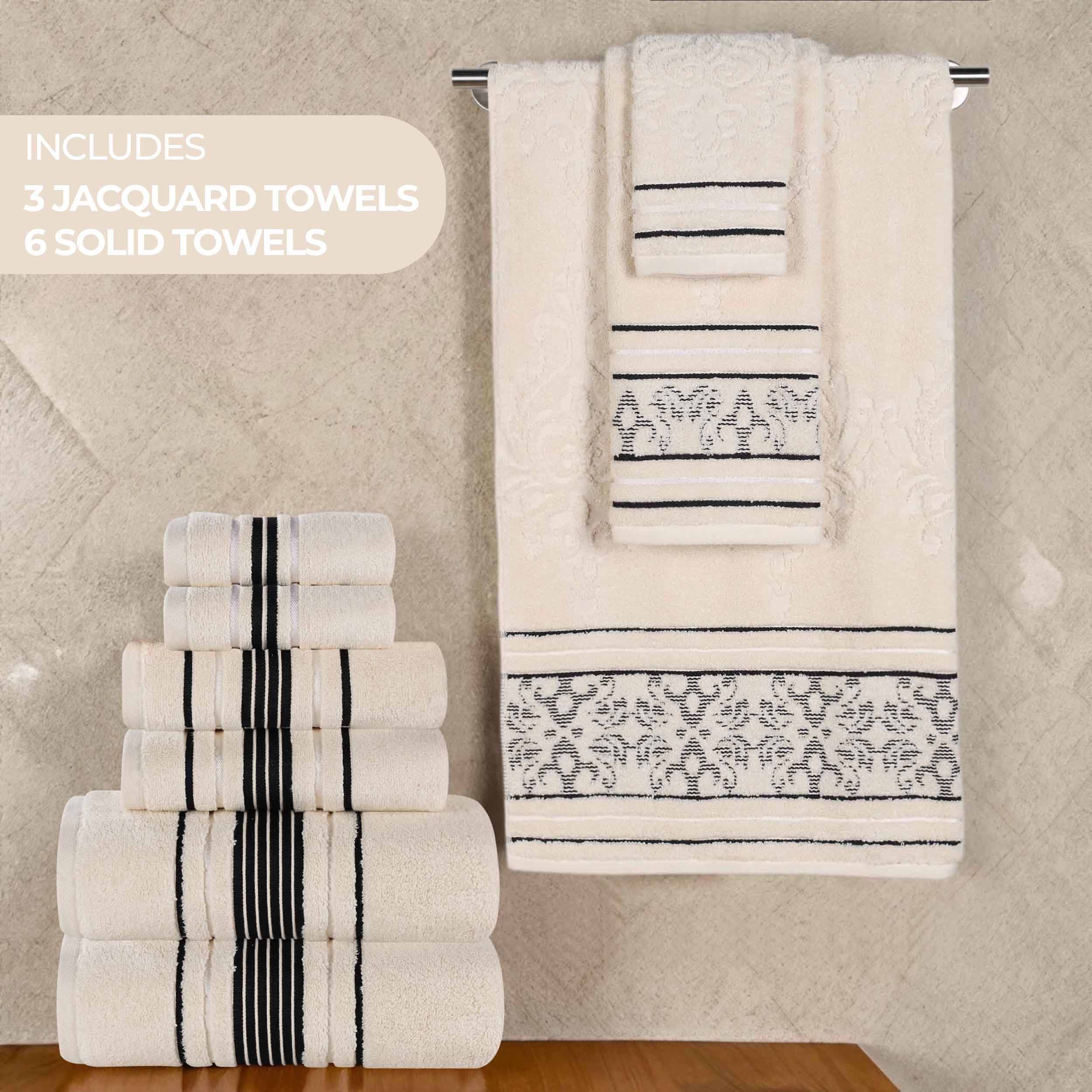 Sadie Zero Twist Cotton Solid and Jacquard Floral 9 Piece Towel Set - Towel Set by Superior Brand