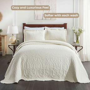 Aspen Cotton Blend Jacquard Floral Scalloped Edge Bedspread Set - Ivory