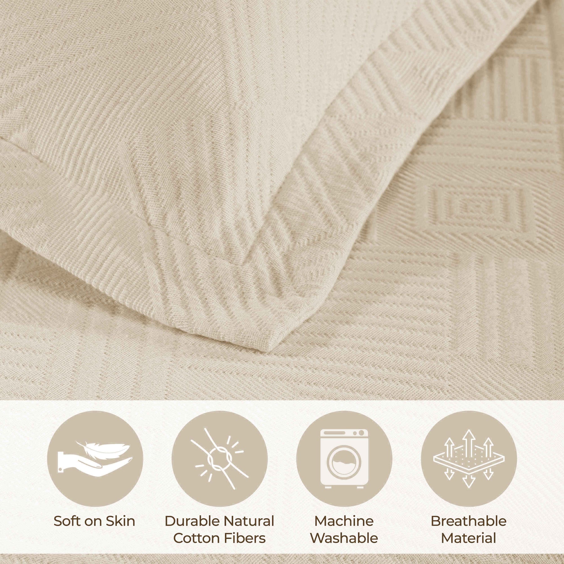 Cotton Jacquard Matelassé Scalloped Geometric Fret Bedspread Set - Ivory