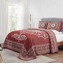 Superior Kymbal Cotton Blend Woven Traditional Medallion Lightweight Jacquard Bedspread and Sham Set   -  Berry Red