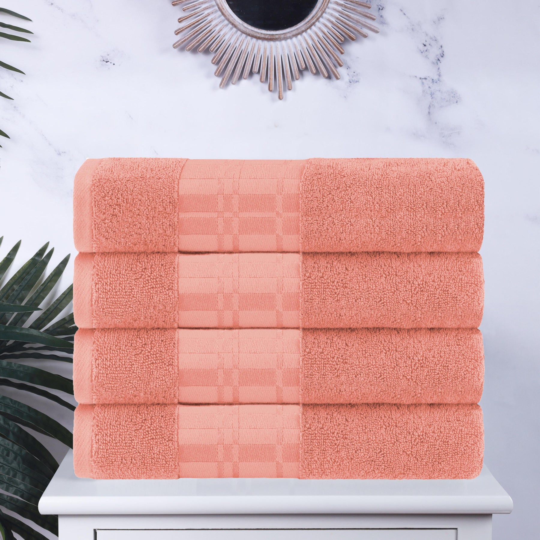 Superior Larissa Cotton 4-Piece Bath Towel Set with Geometric Embroidered Jacquard Border  - Coral