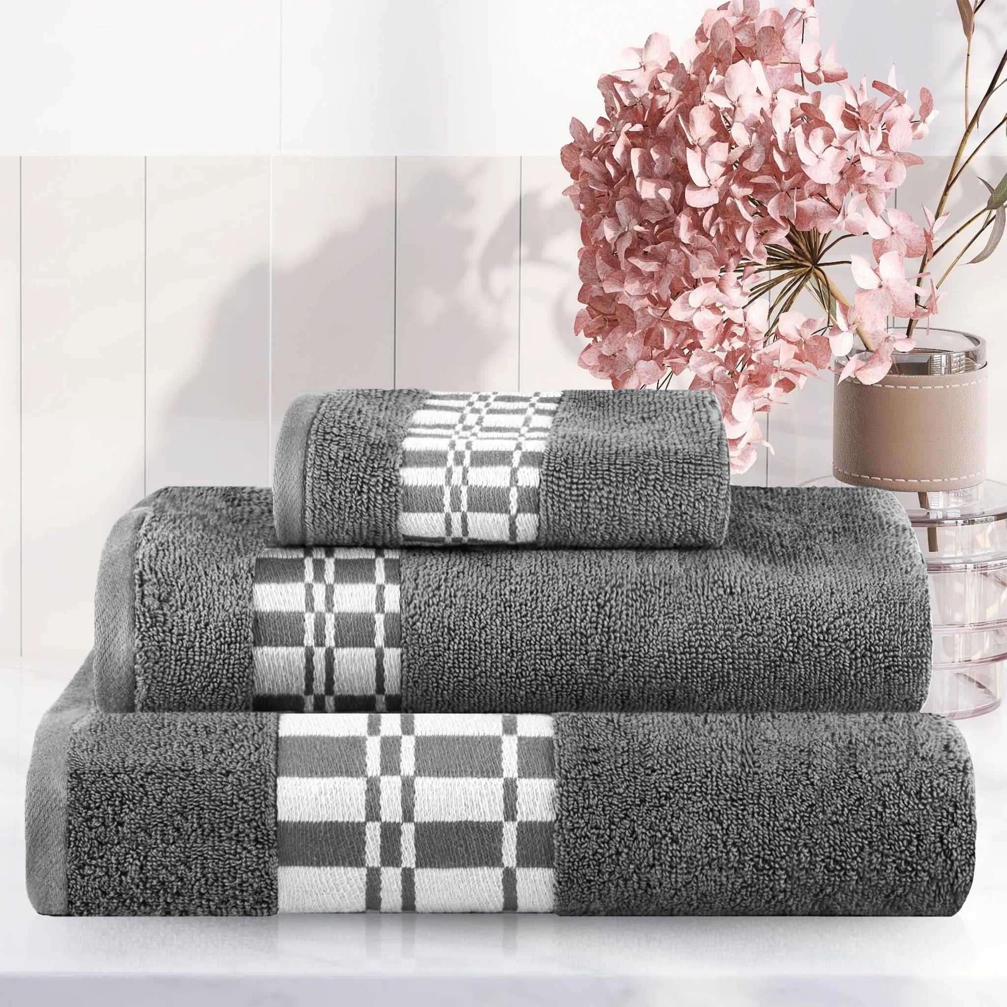 Larissa Cotton Geometric Border 3 Piece Assorted Towel Set - Towel Set by Superior Brand
