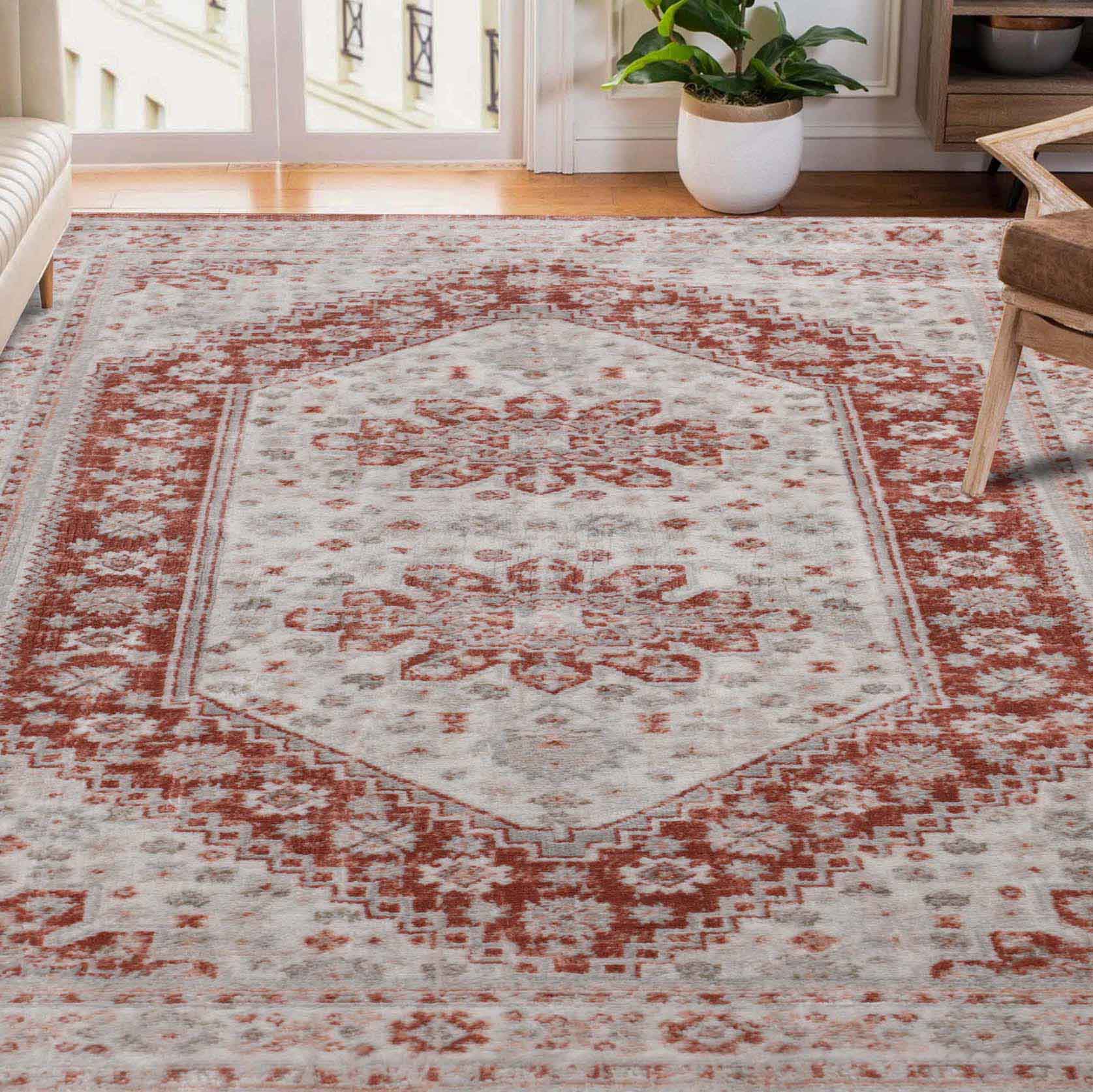 Layland Contemporary Abstract Washable Indoor Area Rug - Rust