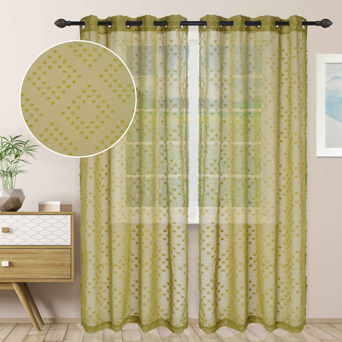  Sheer Poppy Floral Modern Textured Grommet Curtain Panels Set of 2 - LeafGreen